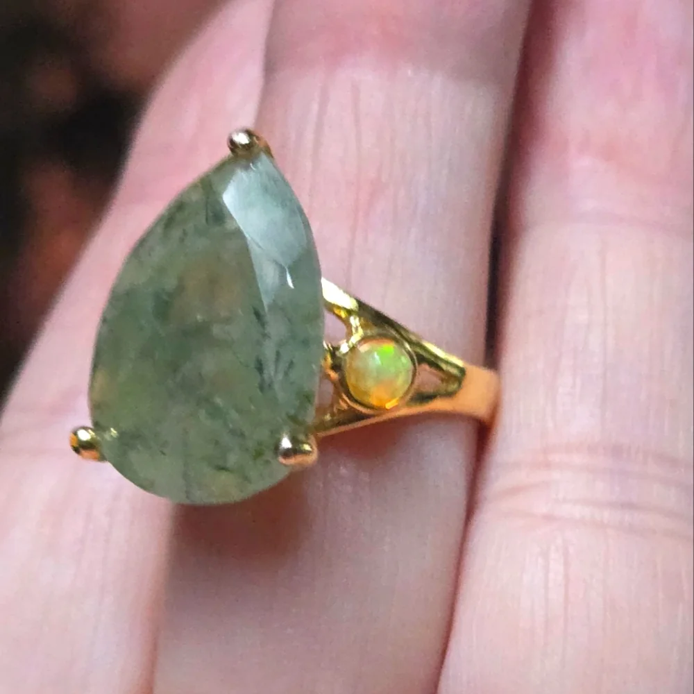 Prehnite & opal sterling & gold Ring sz7.5 - Picture 10 of 15
